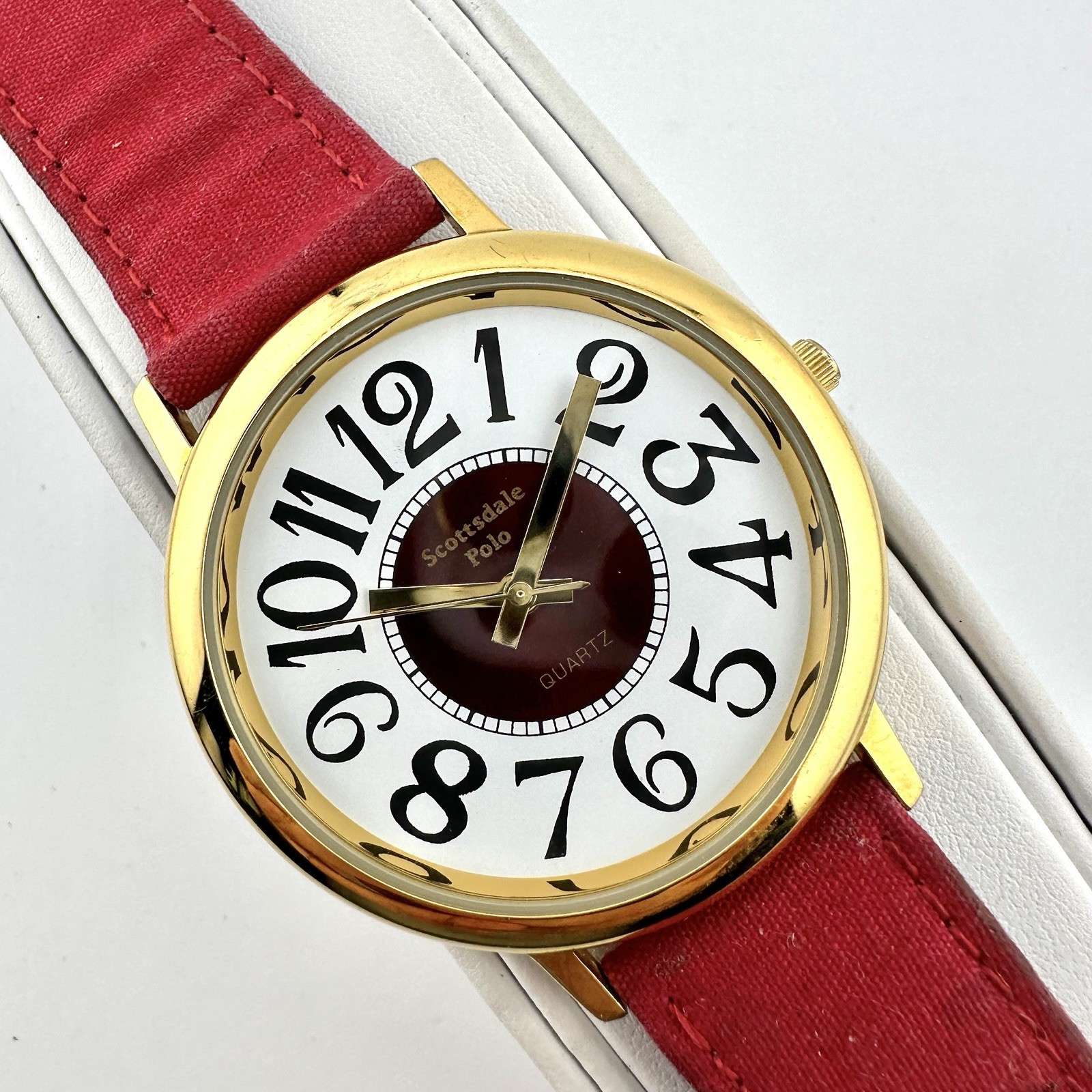 Scottsdale Polo Watch Unisex Stainless Gold Red Canvas Leather – Has New Battery