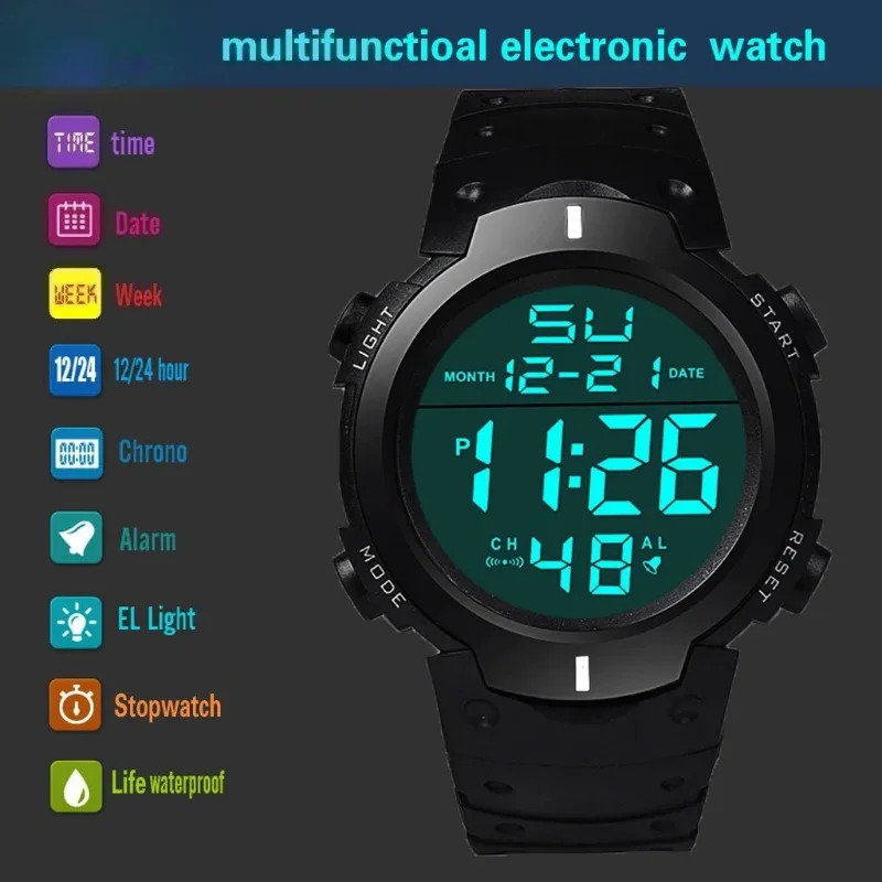 Men’s LED Digital Sports Watch Waterproof Rubber Strap Alarm Stopwatch Date