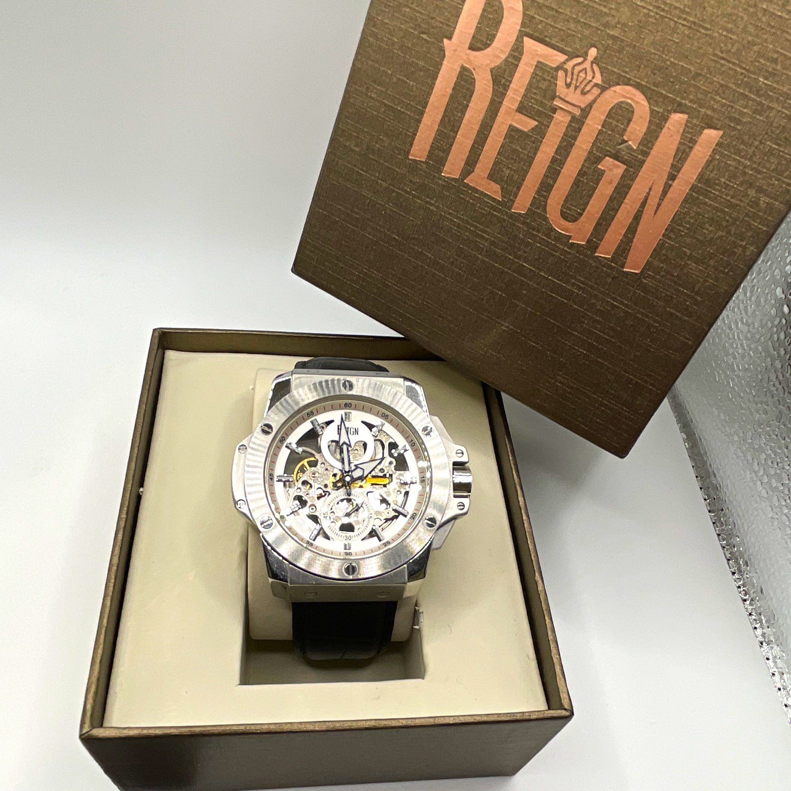 Reign Men’s Automatic Skeleton Dial Silver Tone Black leather Strap
