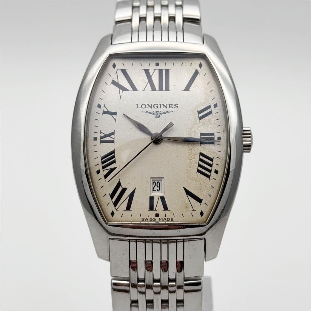 LONGINES Evidenza Quartz Tonneau Silver Dial Date Stainless Steel Watch In hand