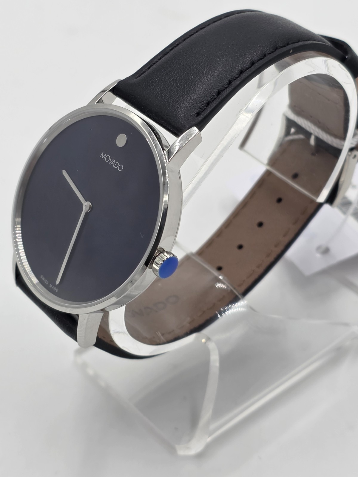 MOVADO SIGNATURE 0607590 SILVER BLUE DIAL BLACK LEATHER STRAP MENS WATCH