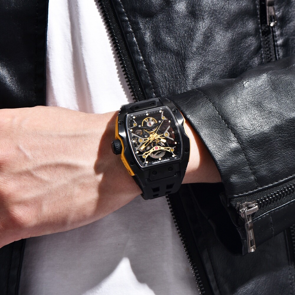 Men’s Automatic Mechanical Tonneau Watch Sapphire Waterproof Double-sided Hollow