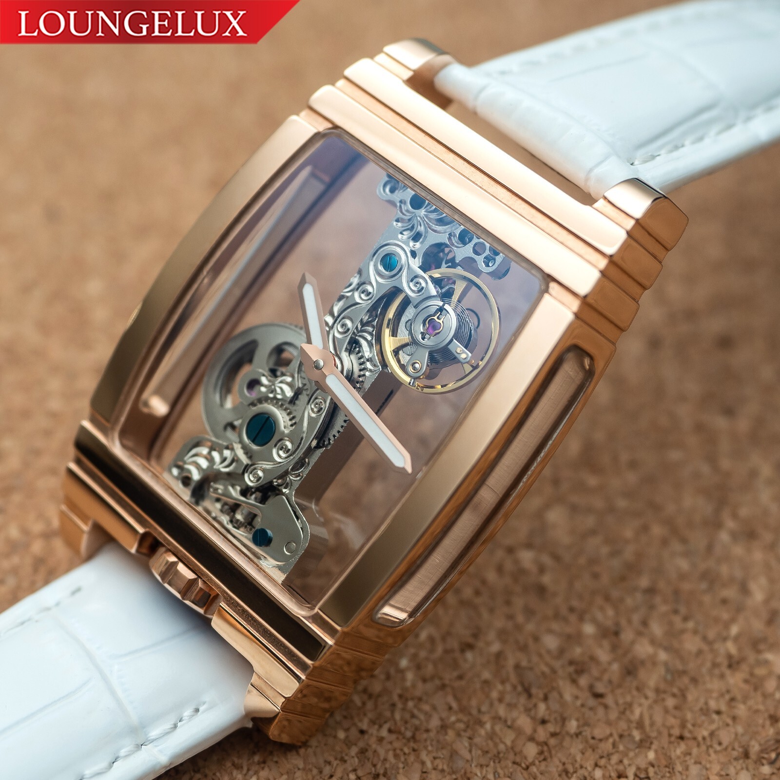 Mens Rose Gold Bridge Manual Mechanical Watch White Leather Strap Gift