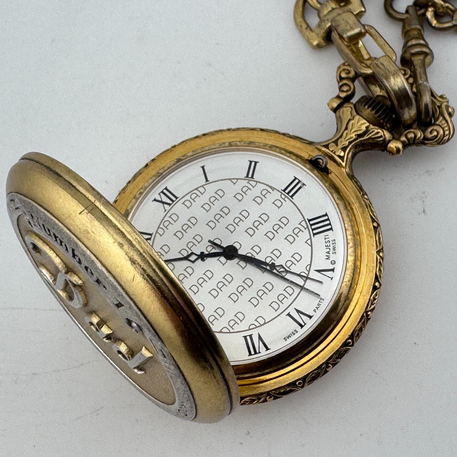 VTG Majesti No. 1 Dad Pocket Swiss Parts Watch Gold Tone Half Hunter New Battery
