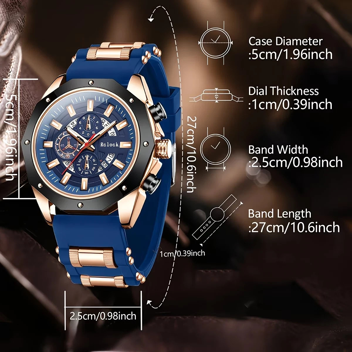 Men’s Quartz Watch Blue & Rose Gold Tone Silicone Strap Chronograph & Date