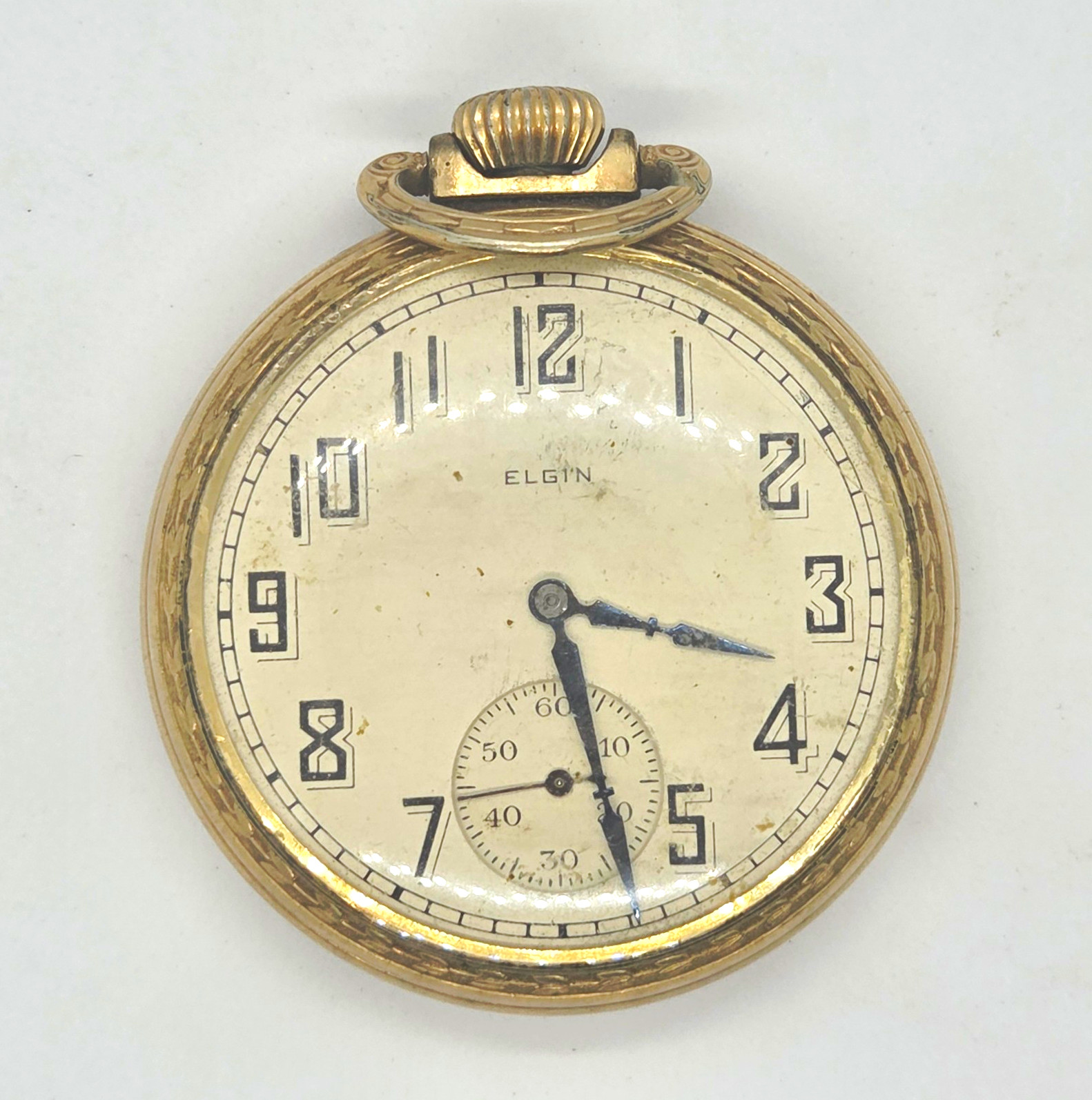 Vintage 1928 Elgin 12s Pocket Watch – Art Deco Numeral Dial – Open Face -RUNNING