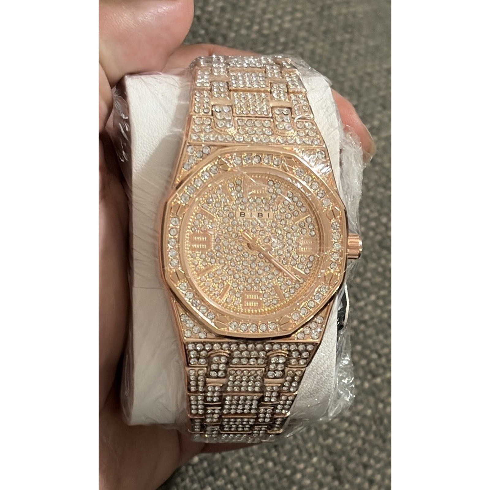 BIBI Luxury Diamond Pattern Octagon Rose Gold Wristwatch Gemstone Markers