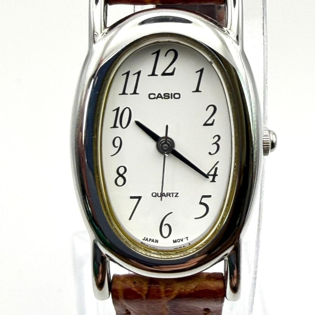 Casio Oval Watch, Battery Replaced, Gold, Genuine Leather Strap, Brown, Working