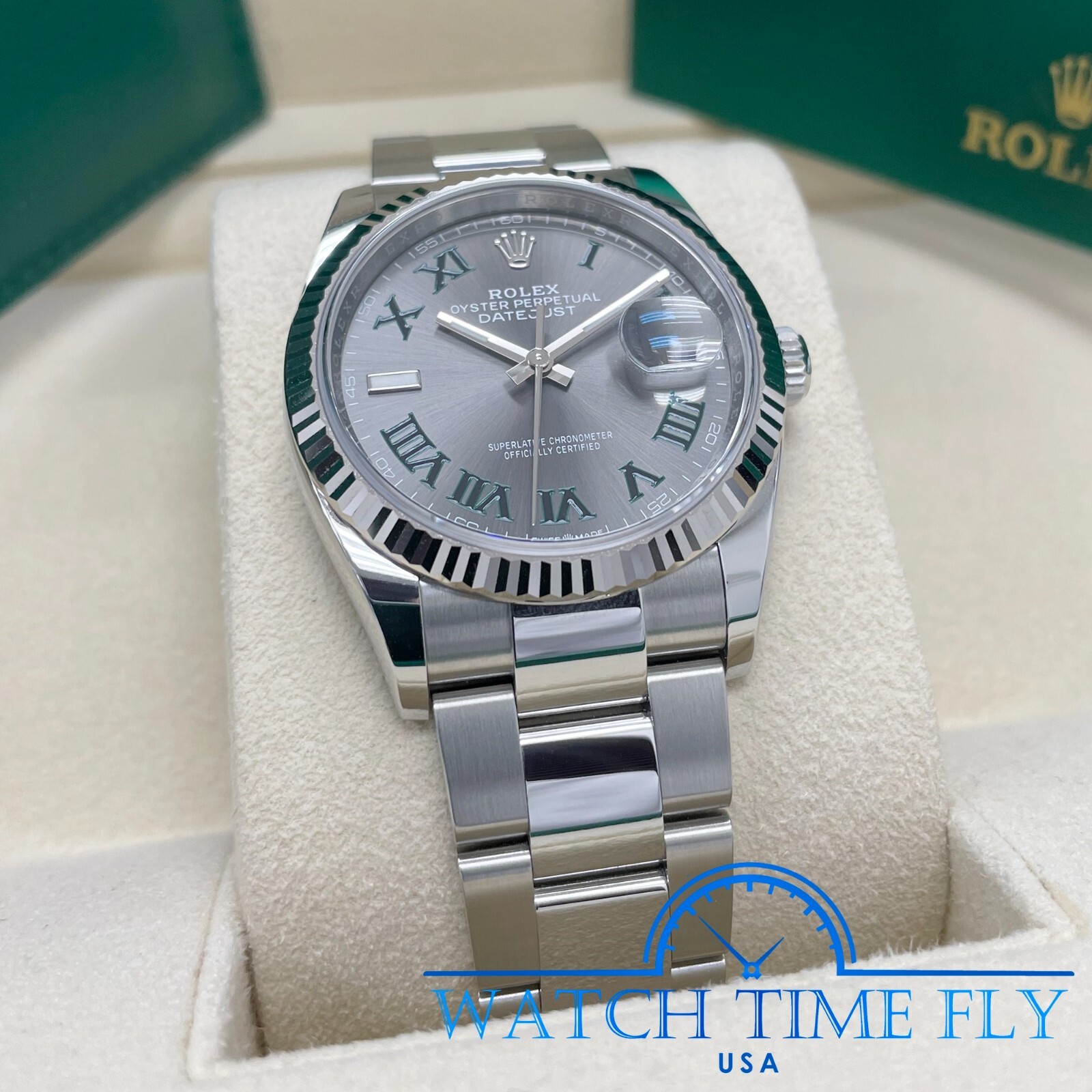 Rolex Datejust 36mm 126234 Fluted Bezel Wimbledon Rhodium Roman Dial Oyster Band