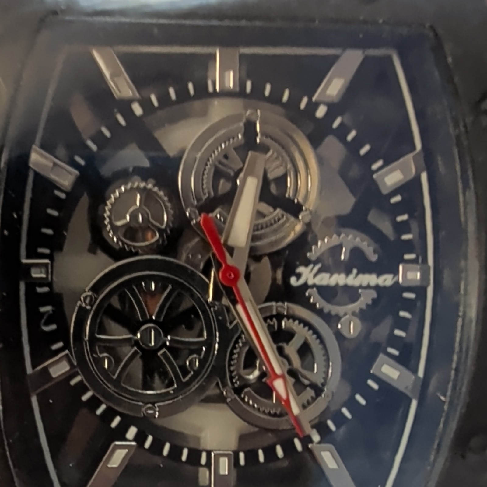 Hanima Tonneau Automatic Mechanical Analog Watch Black Dial Metal Band