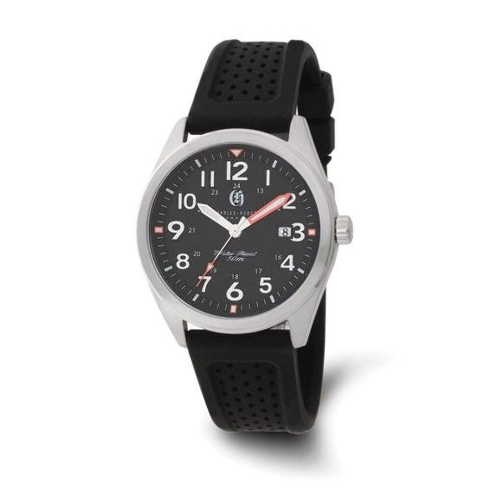 Charles-Hubert Paris Stainless Steel Black Dial Watch Date & Black Rubber Strap