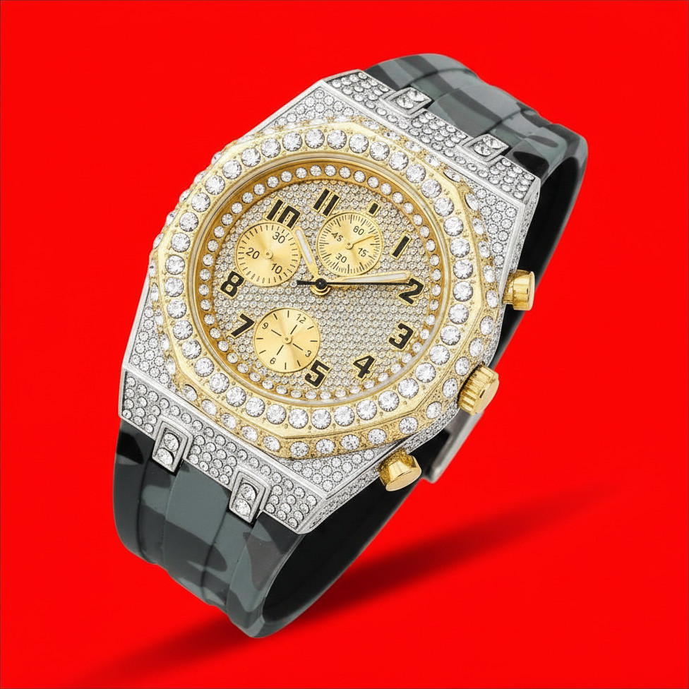 Men’s Hip Hop Iced Out Simulated Diamond Octagon Bezel Silicone Watch