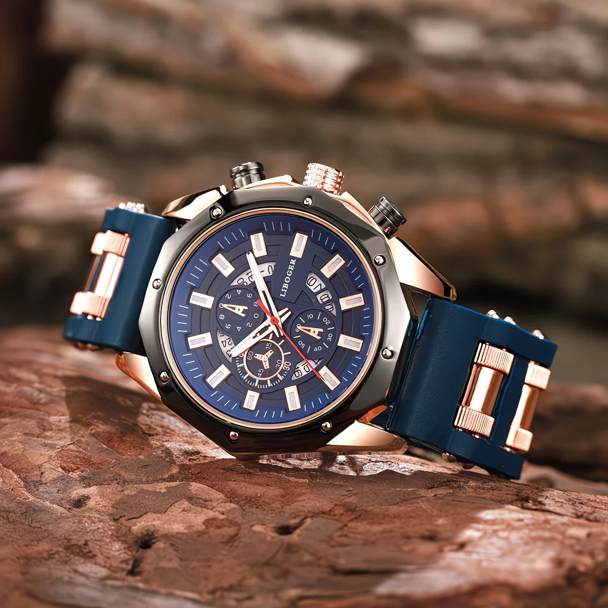 Men’s Quartz Watch Blue & Rose Gold Tone Silicone Strap Chronograph & Date
