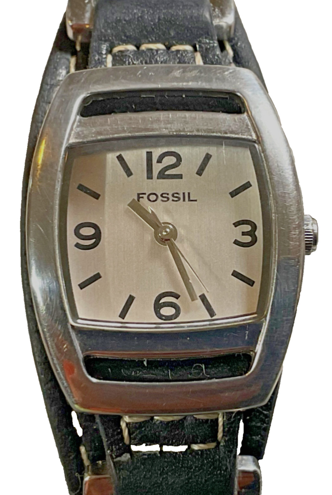 FOSSIL WOMENS WATCH ES-1074 Swiss Parts Silver Tone Brown Leather NEW BATTERY