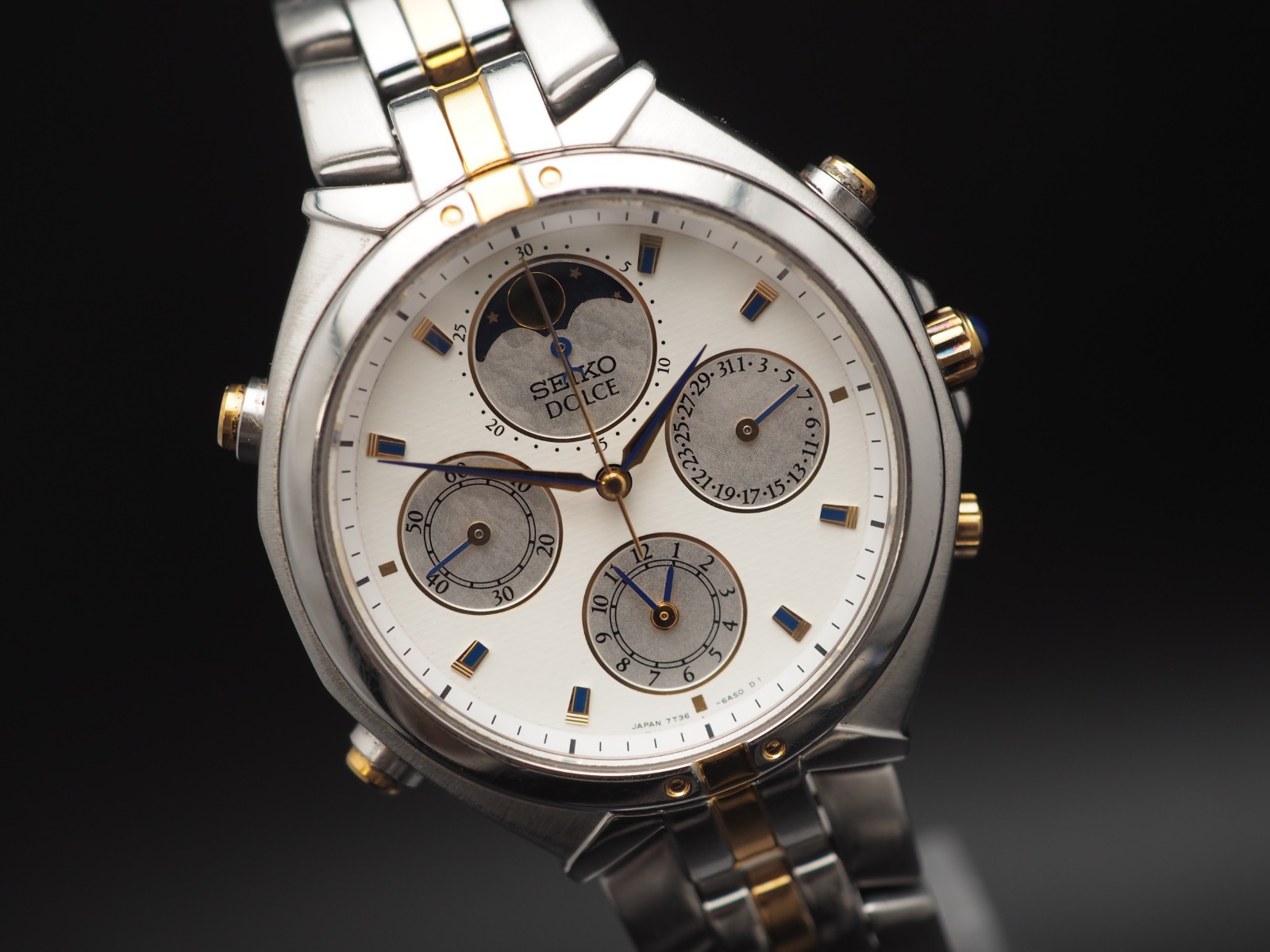 Vtg 1995 N MINT Seiko Dolce 7T36-6A90 Moon Phase Chronograph Qz Mens Watch JAPAN
