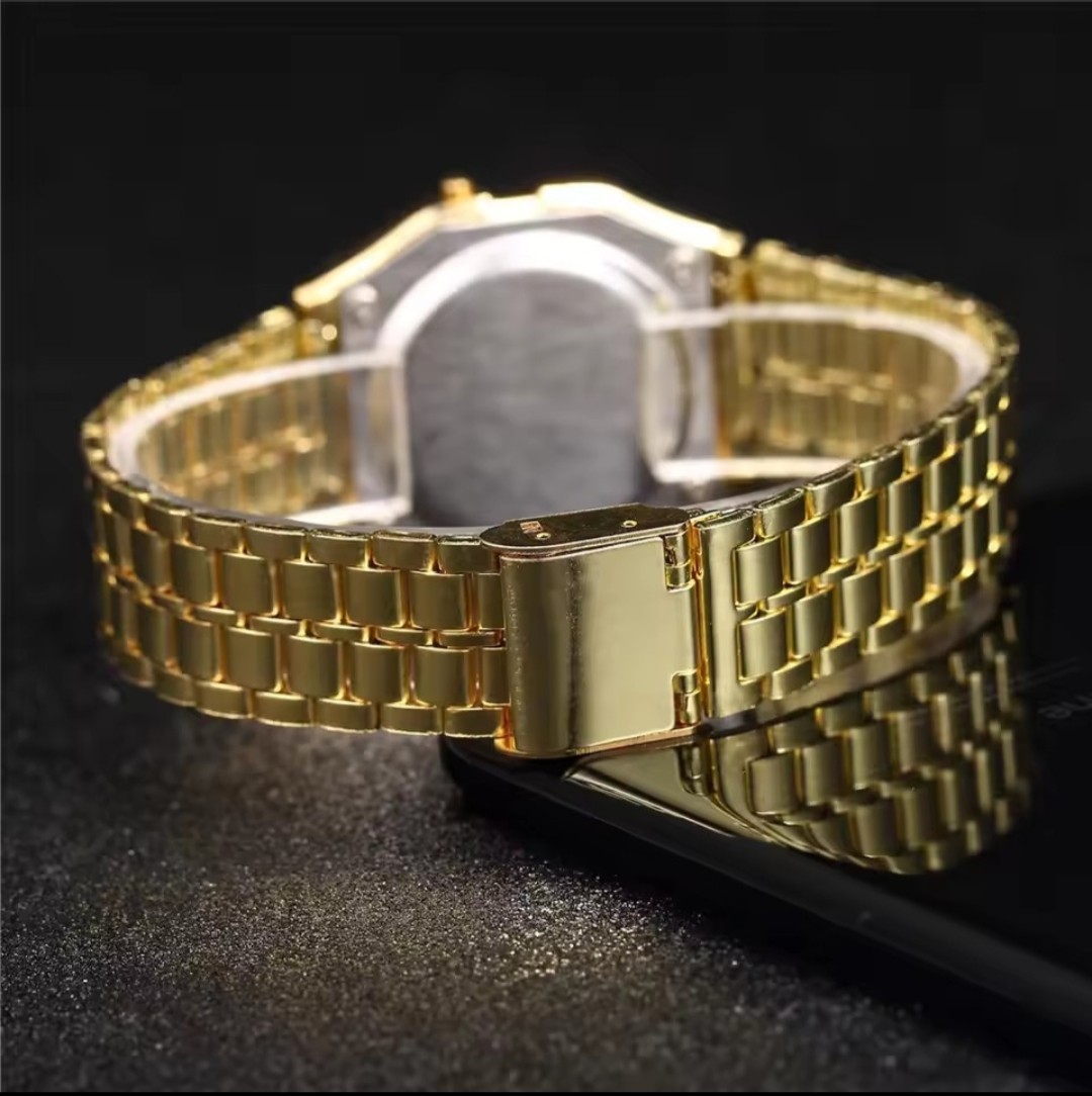 Vintage Gold Digital Watch LED Alarm Chronograph Stainless Steel Unisex Retro