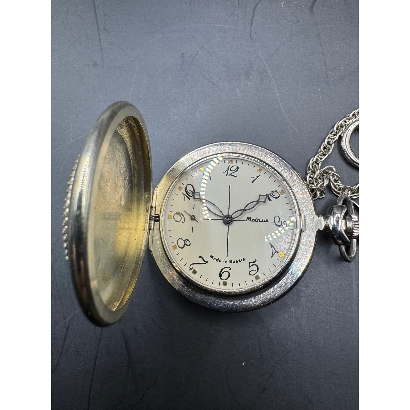 Molnija Mechanical Pocket Watch Tsar Portrait Chain Made in Russia Vintage