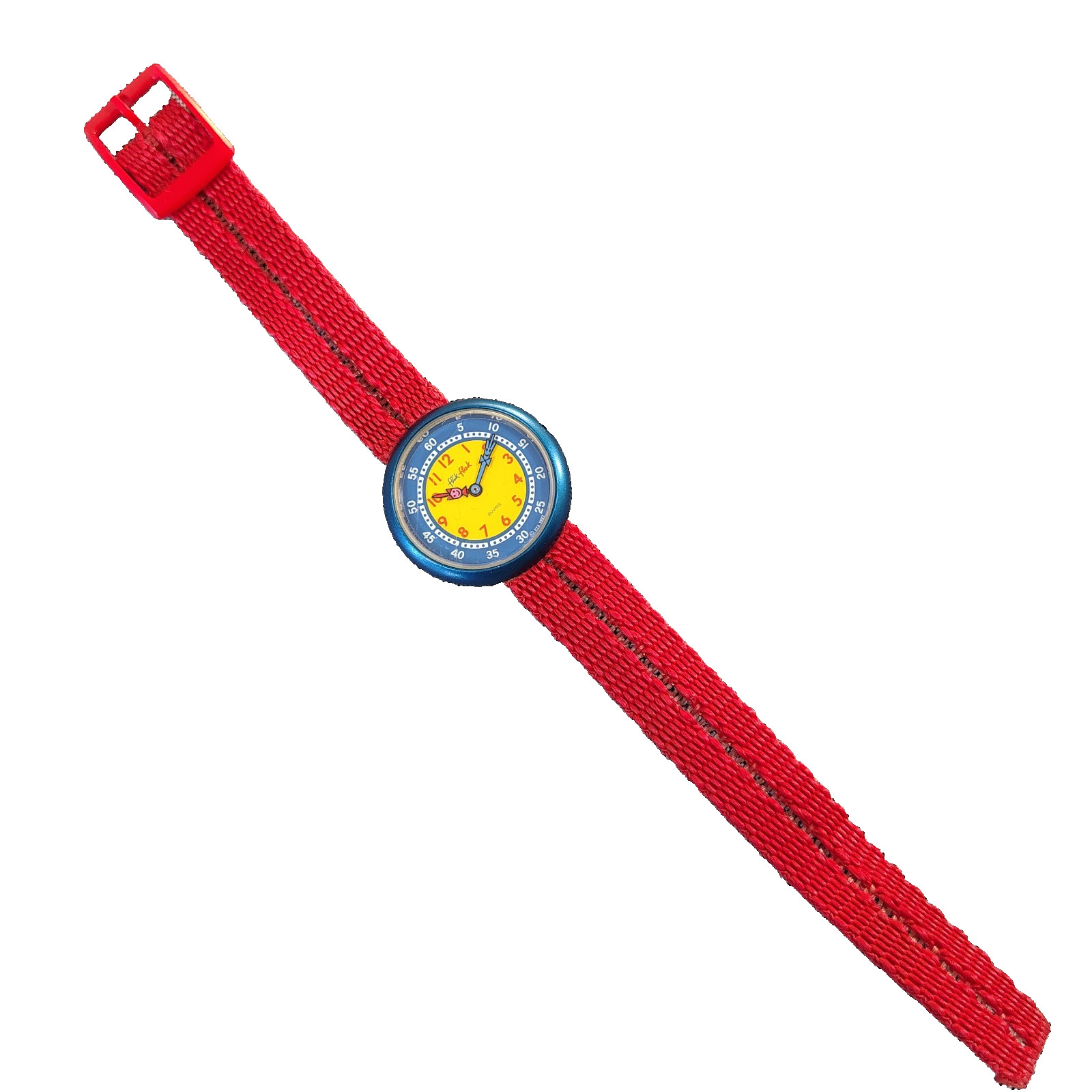 1987 Flik Flak Swiss Watch by Swatch Blue Case Blue/Yellow Dial Red Band Works