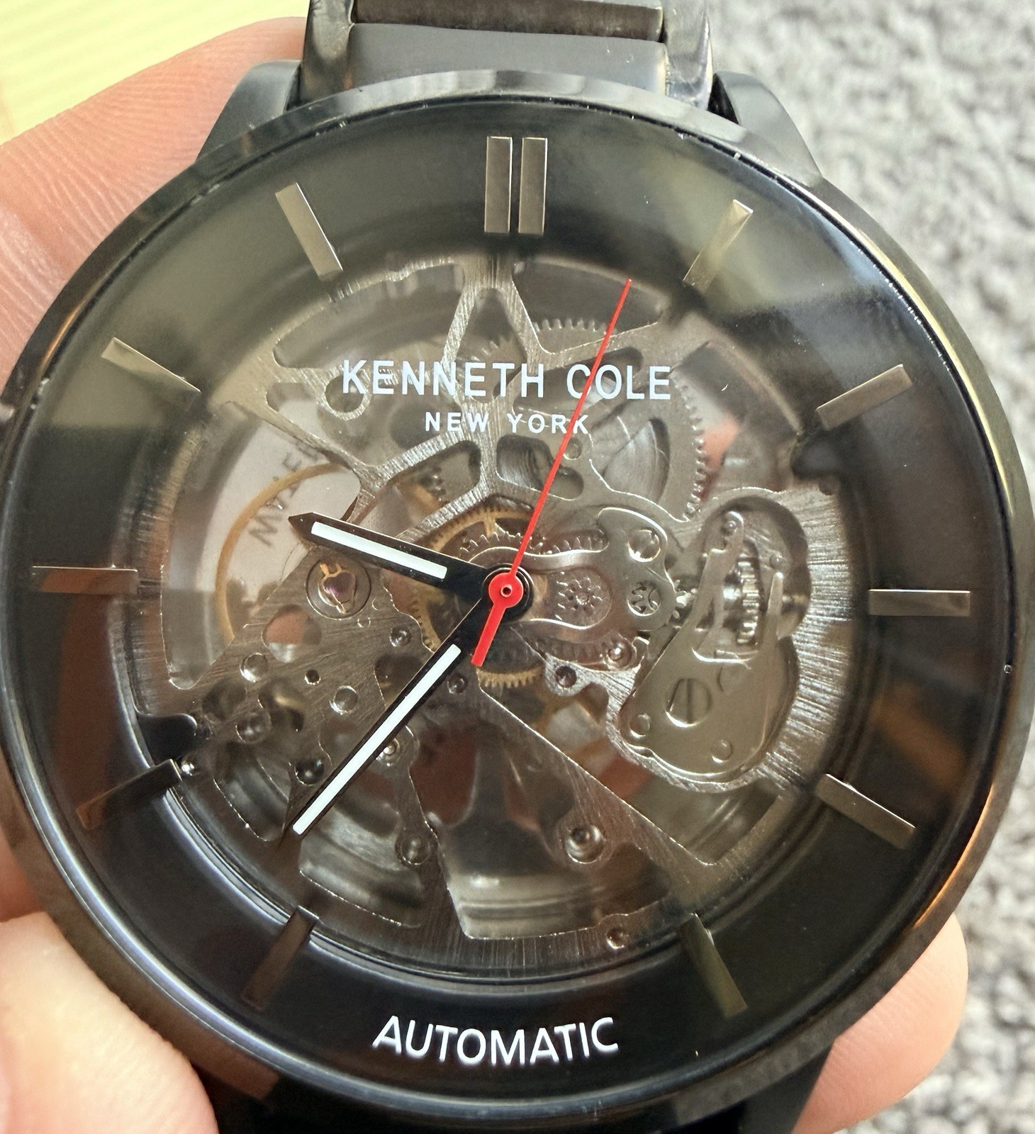 Kenneth Cole New York Automatic Skeleton Black SS Bracelet 44mm Exhib Caseback