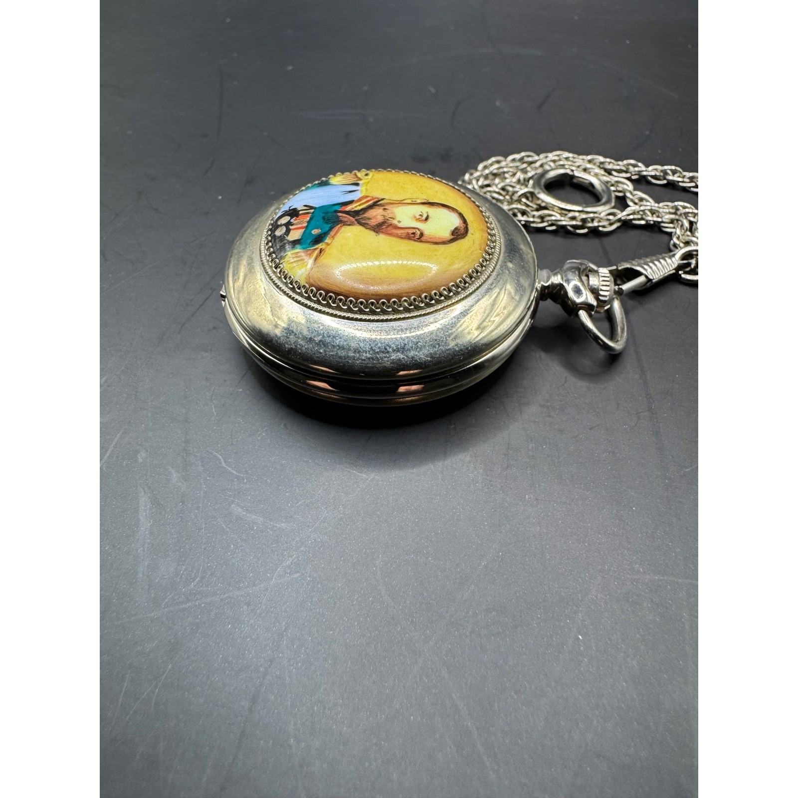 Molnija Mechanical Pocket Watch Tsar Portrait Chain Made in Russia Vintage