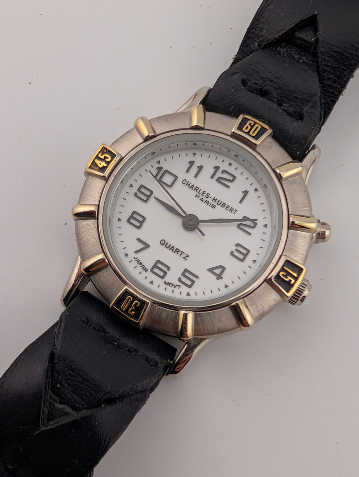 Charles Hubert Paris Watch Women 28mm Case Black Leather Band- New Battery