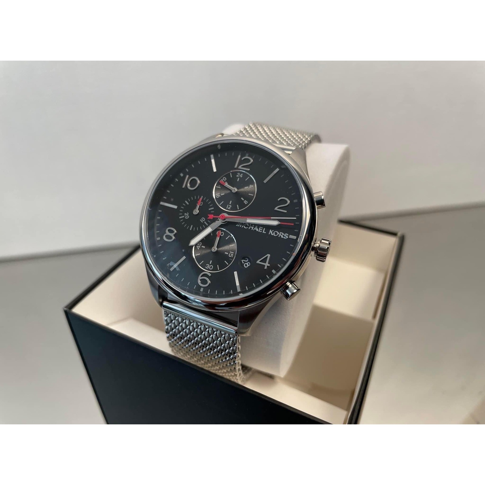 Michael Kors Gage Chronograph Black Dial Silver Mesh Bracelet Mens Watch MK8827