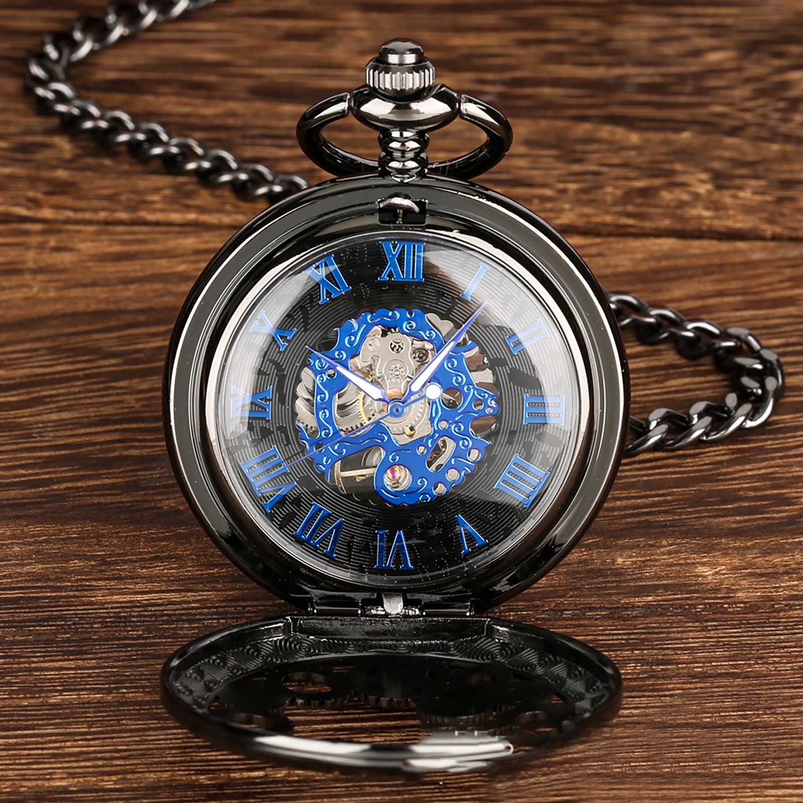 1 PC Mens Skeleton Mechanical Pocket Watch Hollow half Hunter Pocket Watch