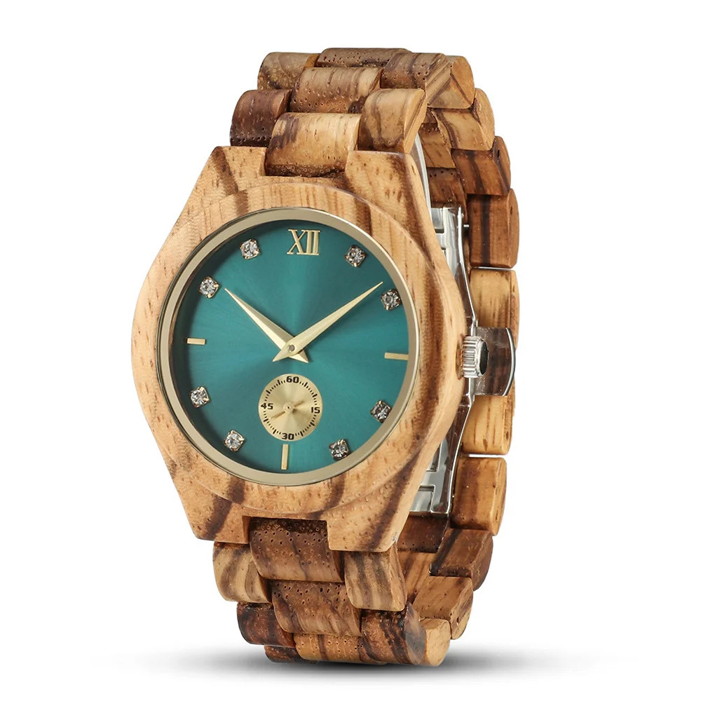 Natural Wood Women’s Watch Gold Dial Rhinestone Bracelet Wooden Wristwatch