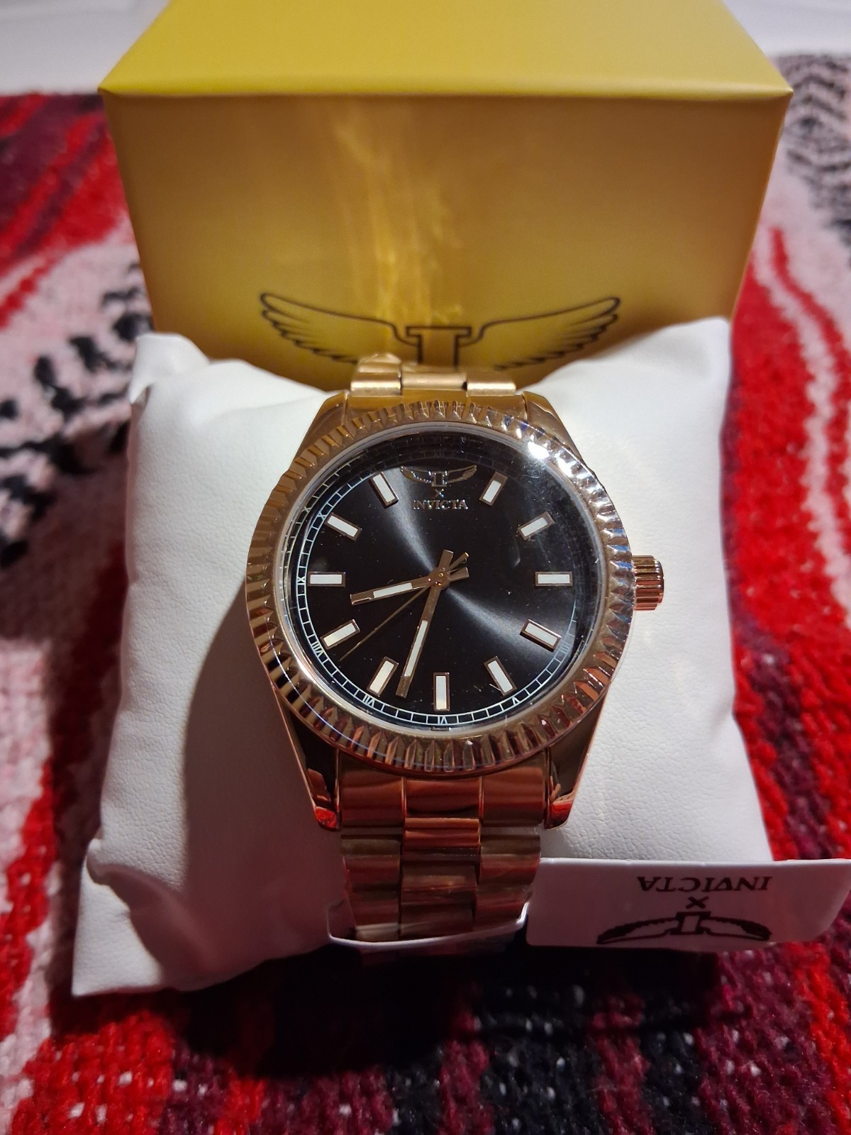 Invicta Men’s Quartz Watch Black Dial Stick Index SS Bracelet Gold Tone w/Box