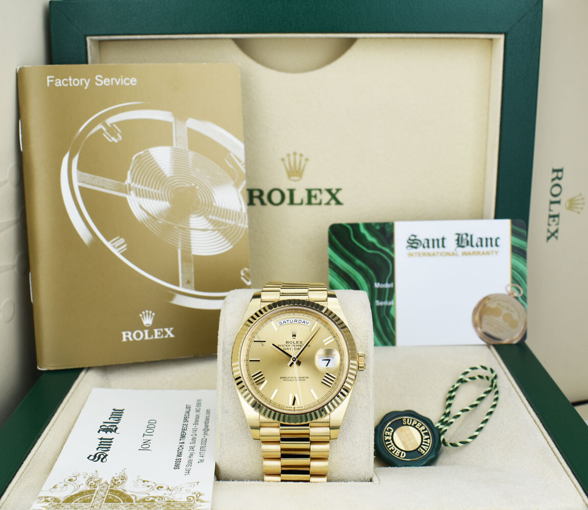 ROLEX – 40mm 18kt Gold Day Date 40 President Champagne Roman 228238 – SANT BLANC