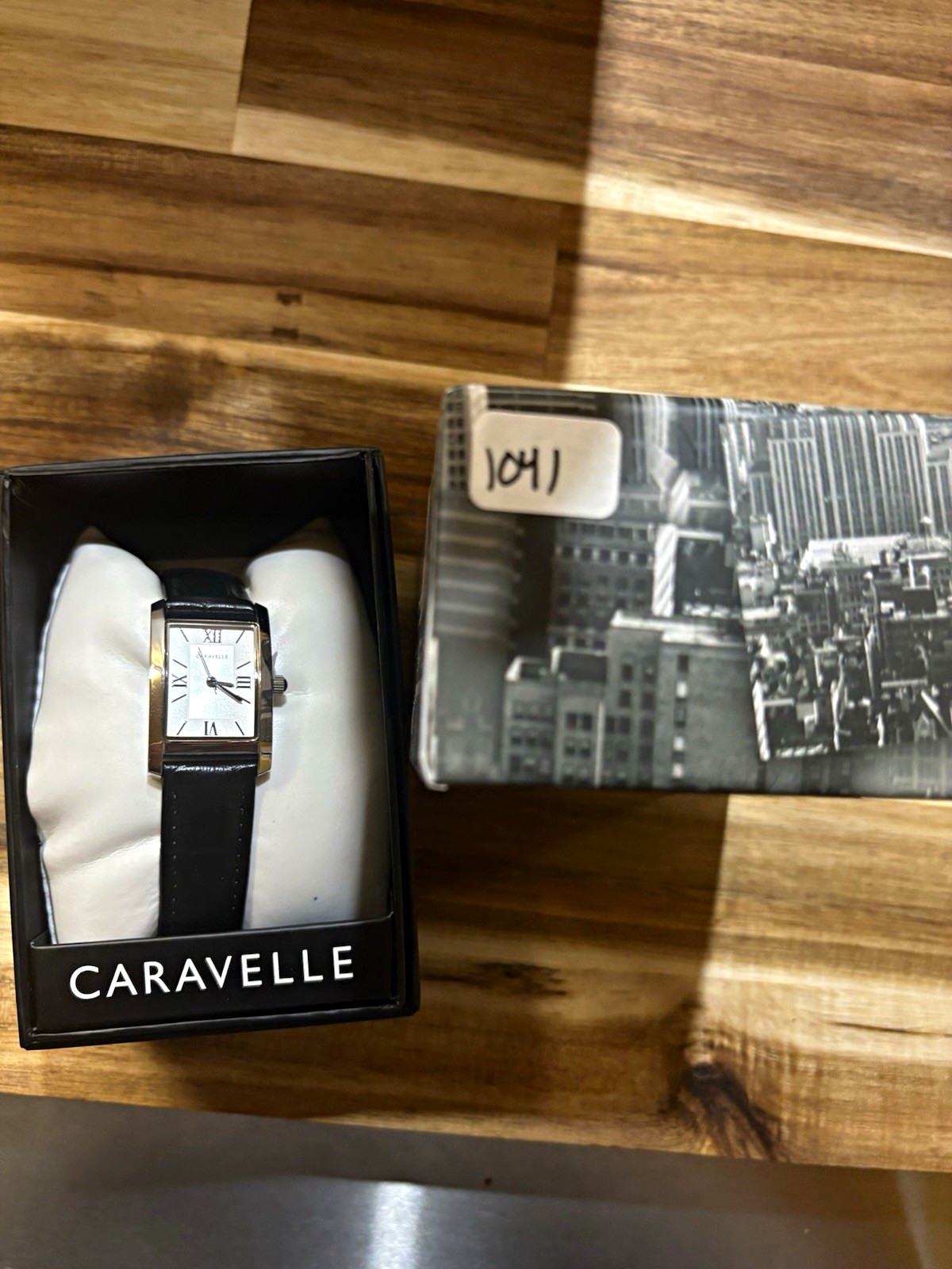 Caravelle Women’s Quartz Rectangle Silver Dial Black Leather Strap w/ Box