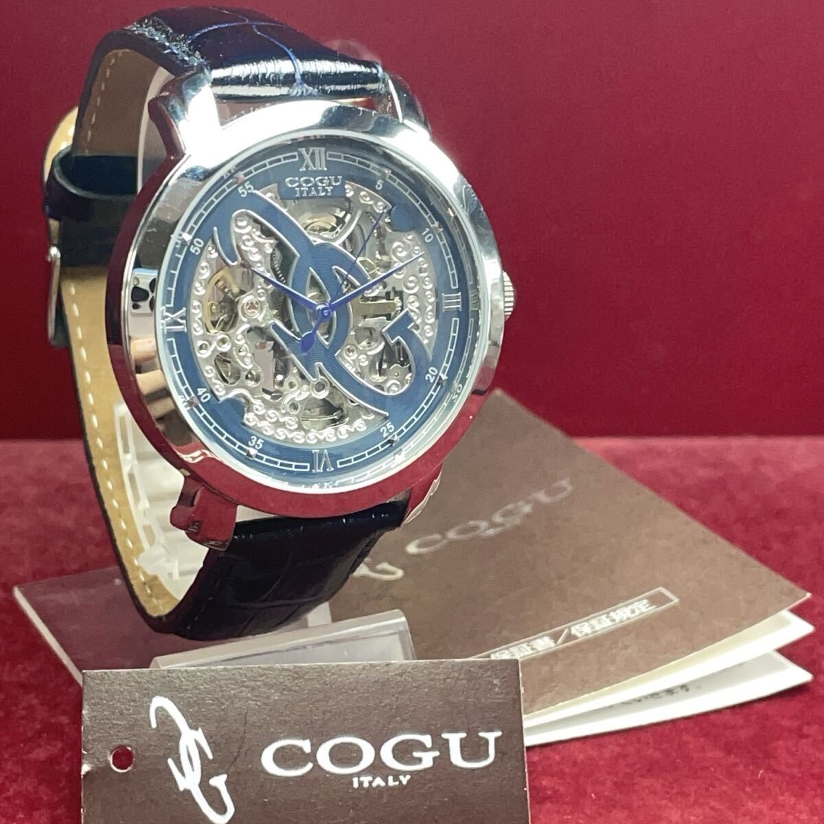 COGU Italy Automatic Skeleton Watch Blue Dial Leather Strap Unused w/Tag Japan