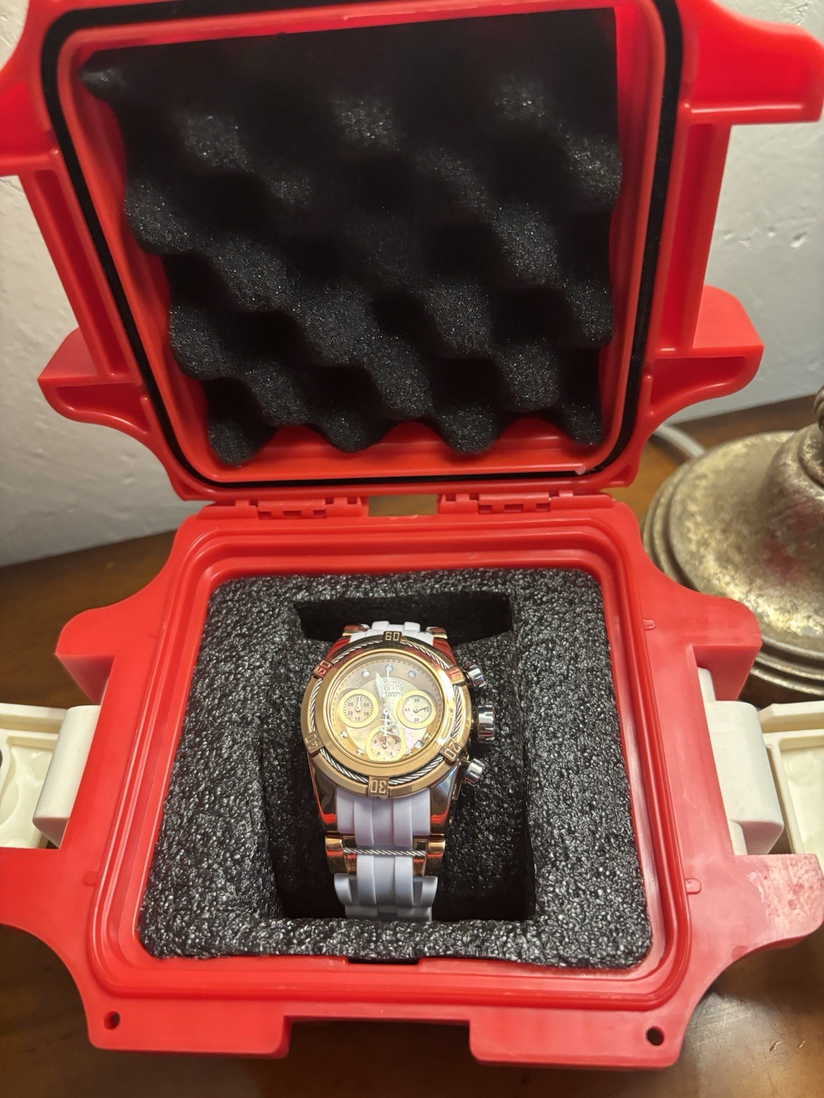Invicta Bolt Zeus Reserve Chronograph Quartz 52mm Gold Dial White Strap Box