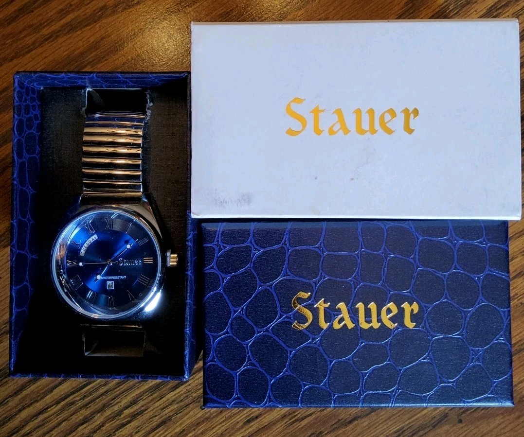 Stauer Quartz 43477 Weekdater Blue Sunburst Dial New In Box