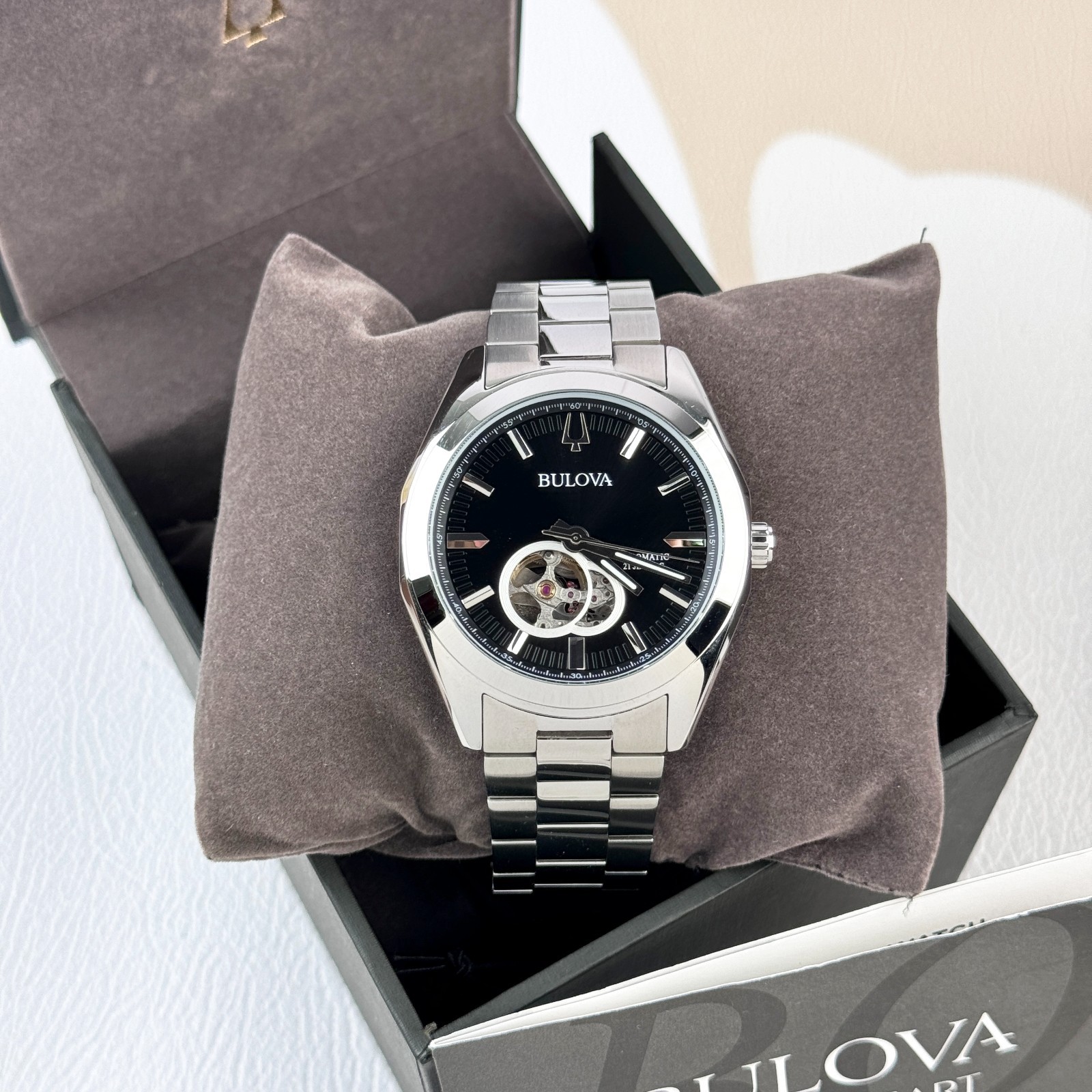 Bulova Men’s Classic Surveyor Black Dial Stainless Steel Automatic Watch 96A270
