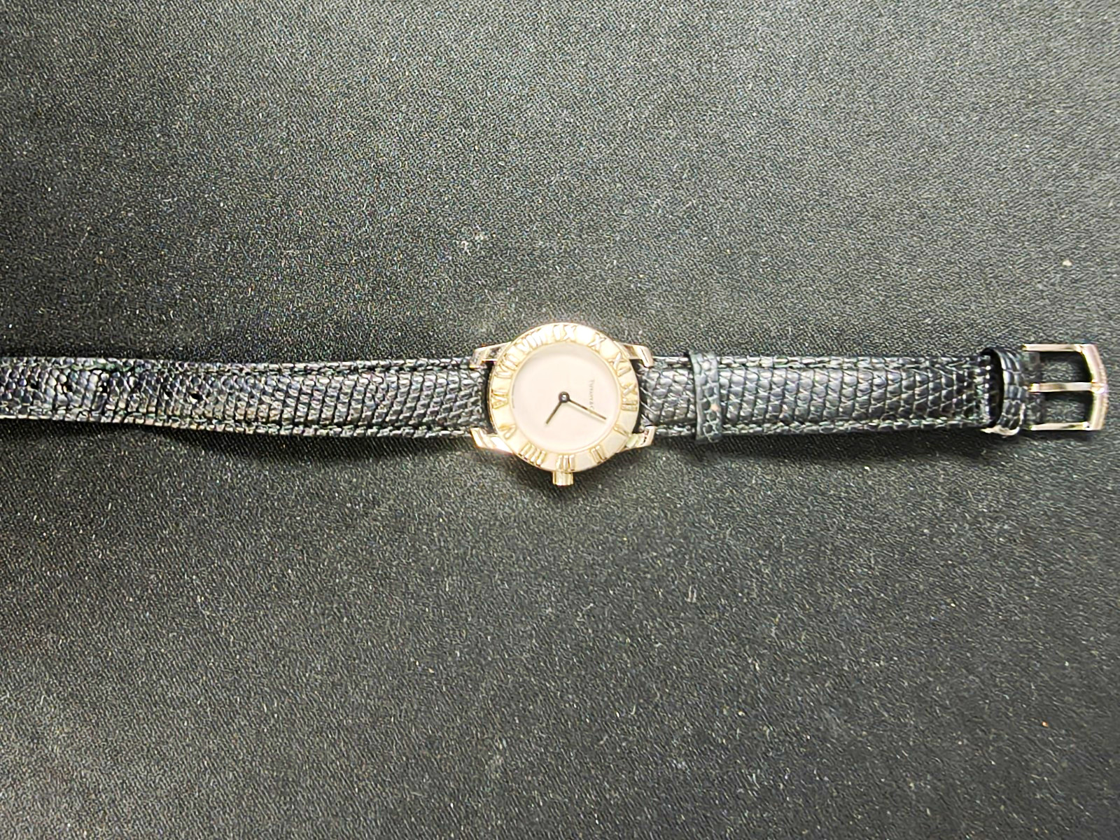 Tiffany & Co. Atlas Quartz Swiss Made Sterling Silver Dial Black Leather Watch