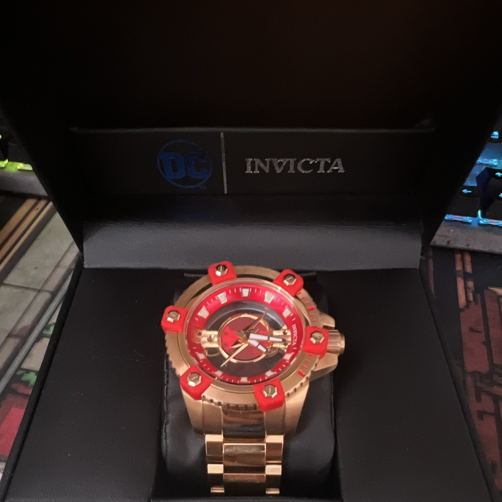 Invicta DC Comics Limited Edition Quartz Red/Gold Watch, Exhibition Back Box