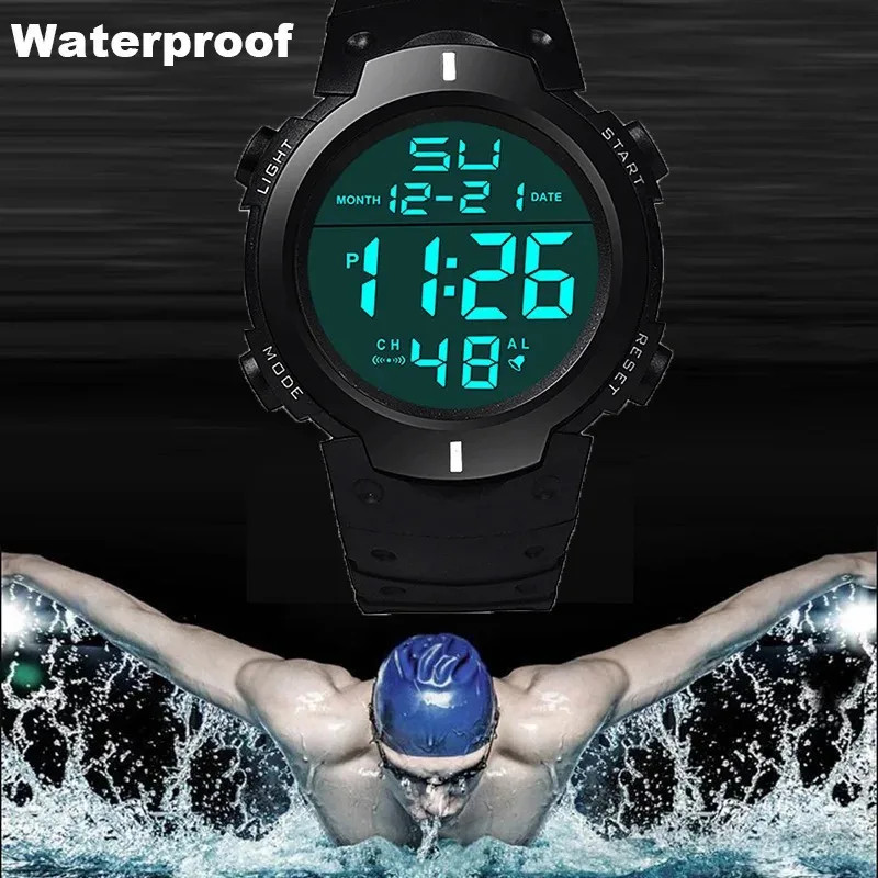 Men’s LED Digital Sports Watch Waterproof Rubber Strap Alarm Stopwatch Date