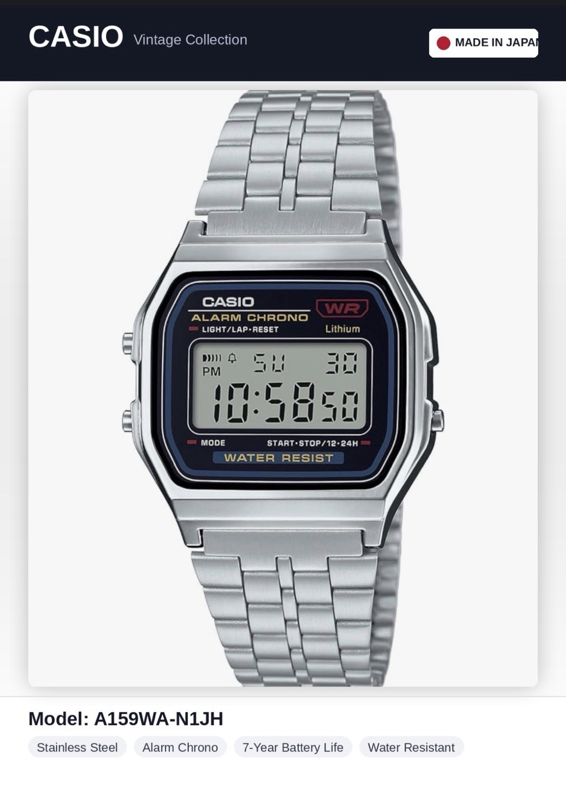 Casio A159WA-N1JH Vintage Digital Watch Silver Stainless Steel Made in Japan New