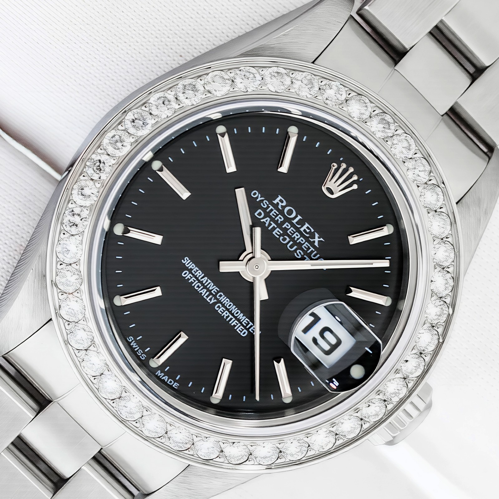 LADIES ROLEX DATEJUST QS STAINLESS STEEL – BLACK INDEX DIAL DIAMOND BEZEL WATCH