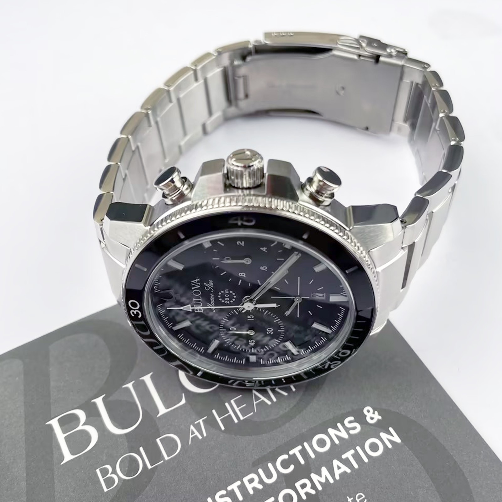 Bulova Marine Star C Men’s Classic 96B272 Black Dial Quartz Watch 45mm Steel