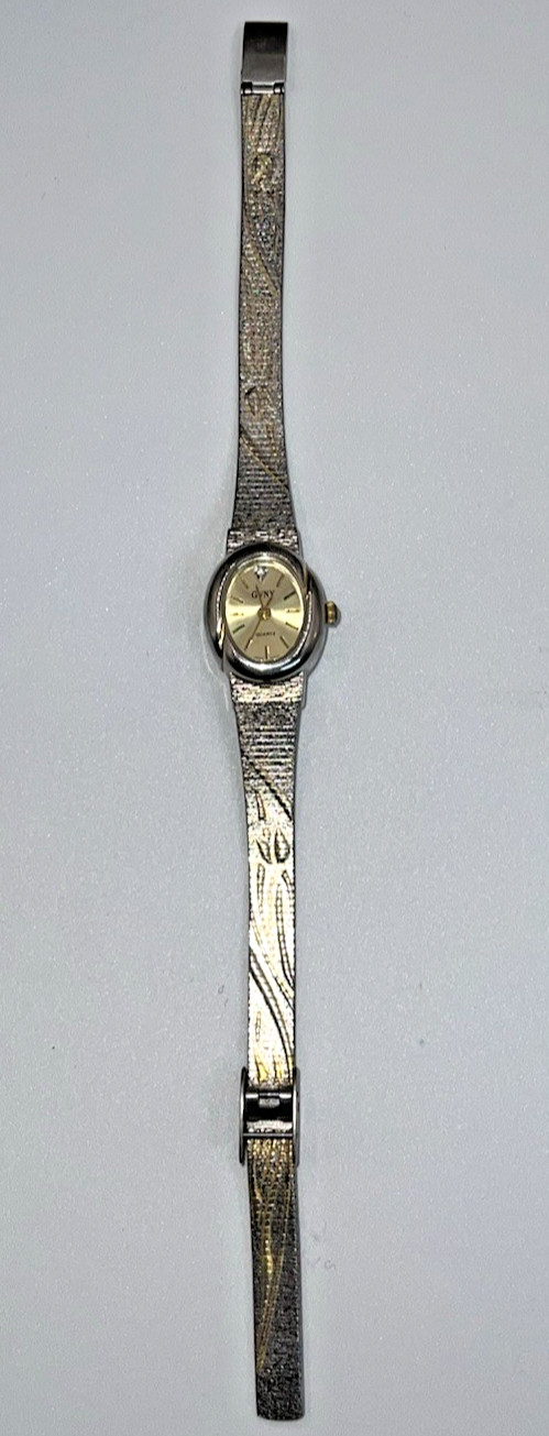 Vintage GVNY Ladies Silver Quartz Gold Trim Oval Gold Face Needs Battery a115