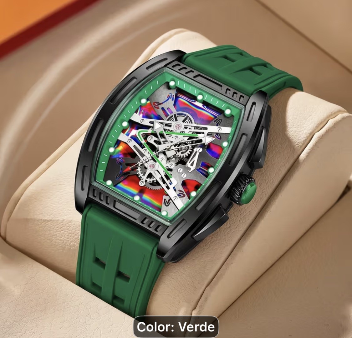 Men’s Analog Sport Watch 42mm Gold Tone Skeleton Dial Green Silicone Band – NEW