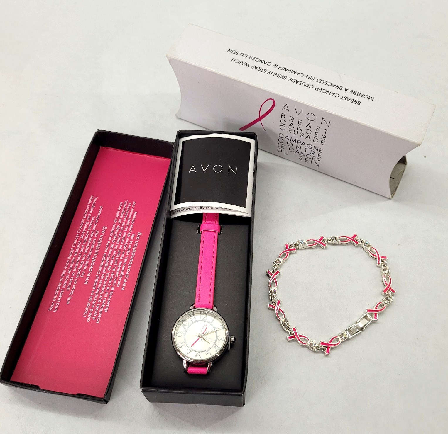 Avon Breast Cancer Watch Hot Pink & Ribbon Bracelet New in Box – needs battery