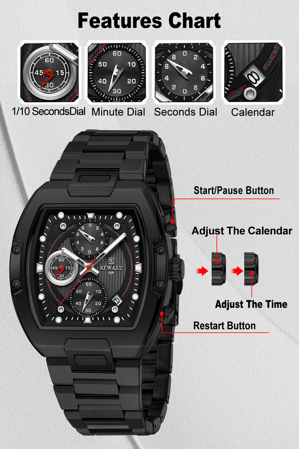 REWARD Men’s Tonneau Multifunction Chronograph Calendar Luminous Quartz Watch