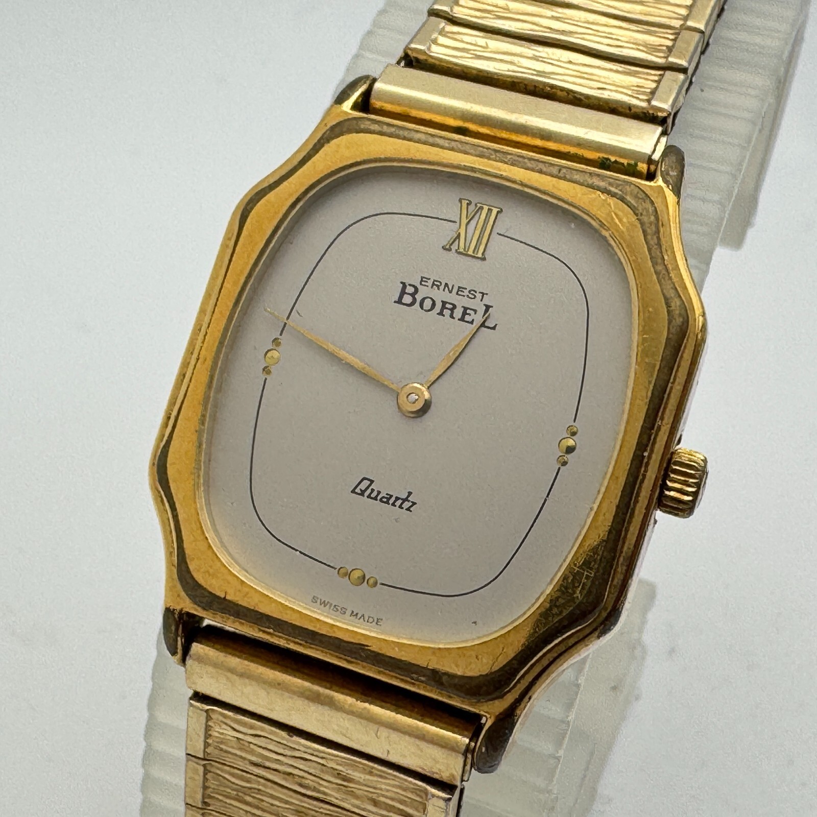 Vintage Ernest Boral Swiss Quartz Watch Men Gold Plated Band Barrel New Battery