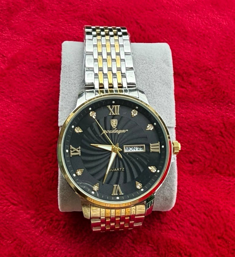 Poedagar Quartz Two-Tone Bracelet Wristwatch Black Dial Roman Day/Date