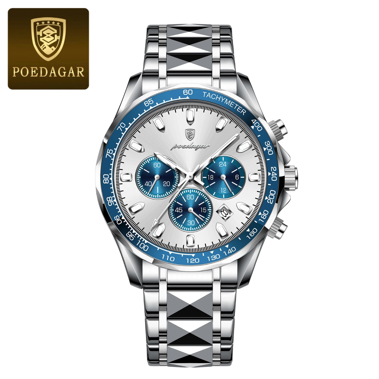 POEDAGAR Men’s Chronograph Watch Date Luminous Waterproof Stainless Steel
