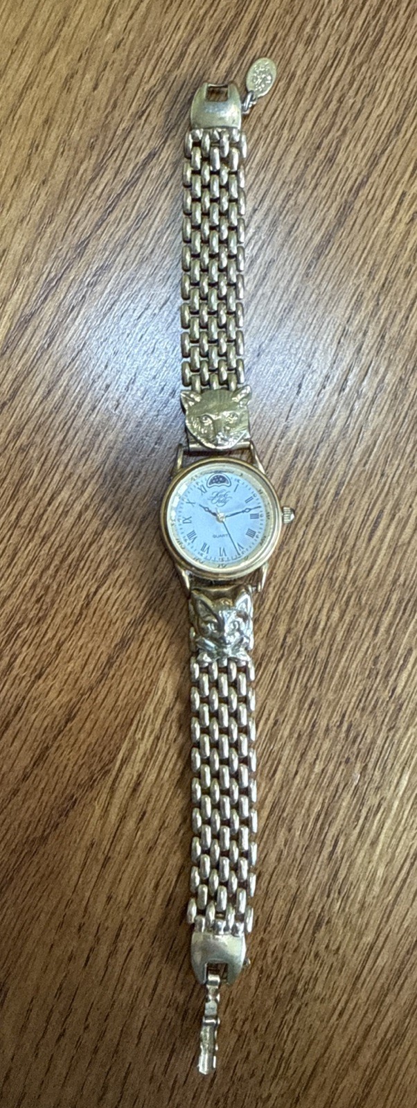 Kirks Folly Cat Motif Moon Phases Gold Tone Quartz Women’s Wristwatch Bracelet