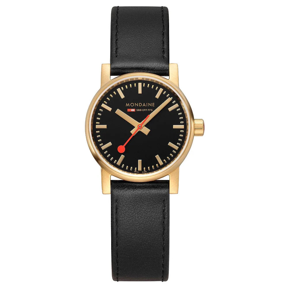 Mondaine EVO2 30mm Gold Plated SS Case Black Leather Sapphire Crystal Watch
